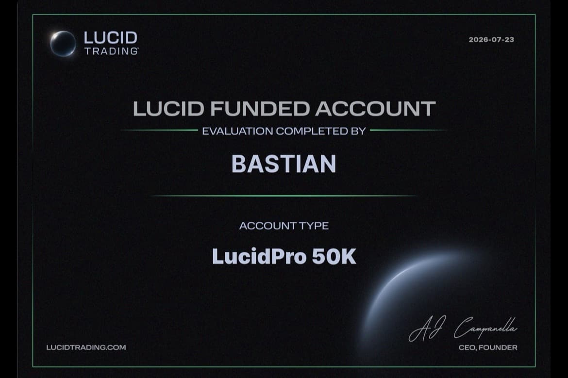 Lucid-Trading-Zertifikat: bestandene Evaluation, LucidPro-50K-Konto für Bastian, 23. Juli 2026