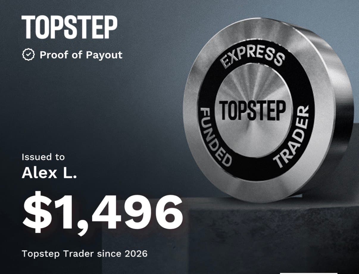 Topstep-Auszahlungsnachweis über 1.496 US-Dollar für Alex L., Topstep-Trader seit 2026